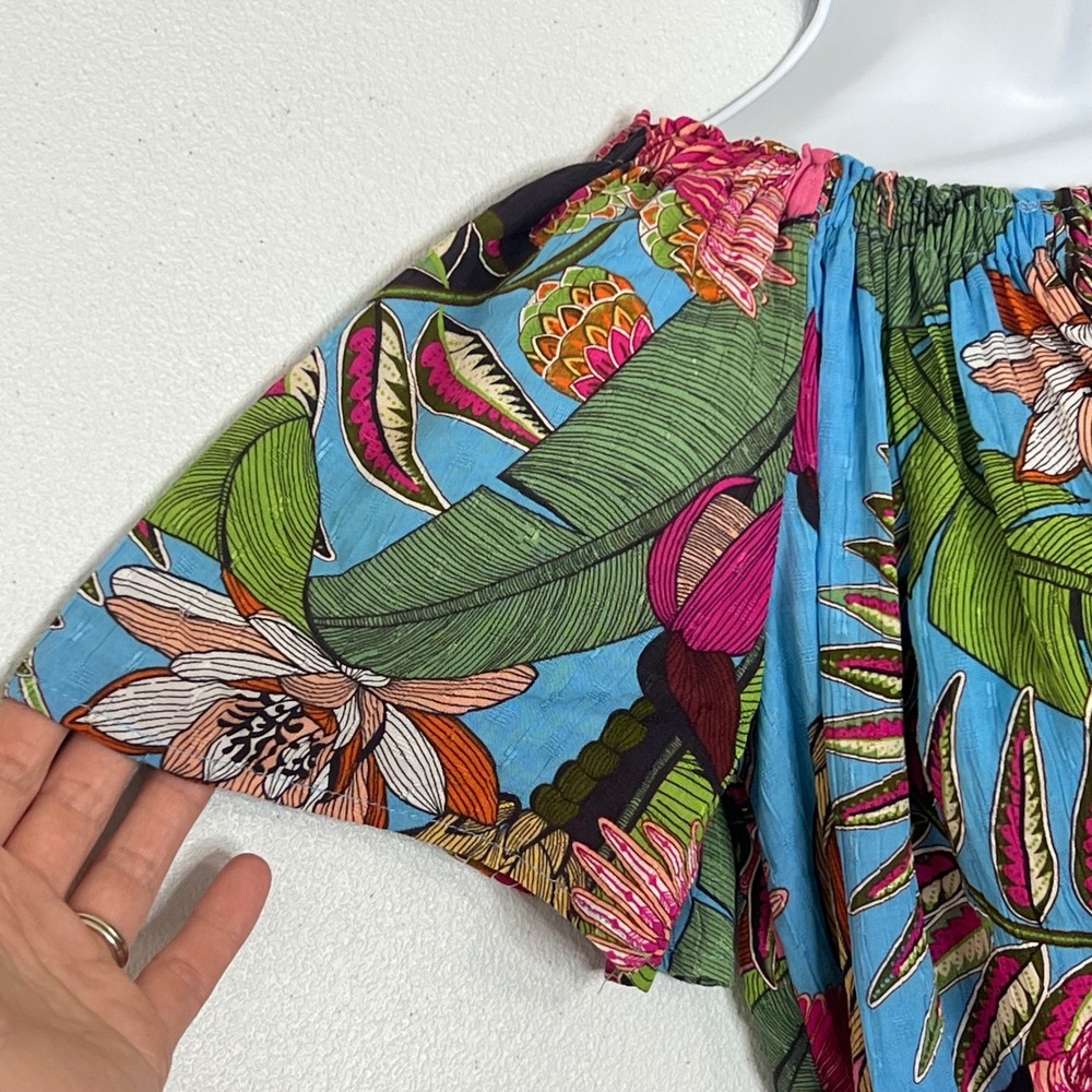 Rachel Rachel Roy S Blue Tropical Bird Floral Smocked Peasant Top Off Shoulder‎ - Picture 9 of 14